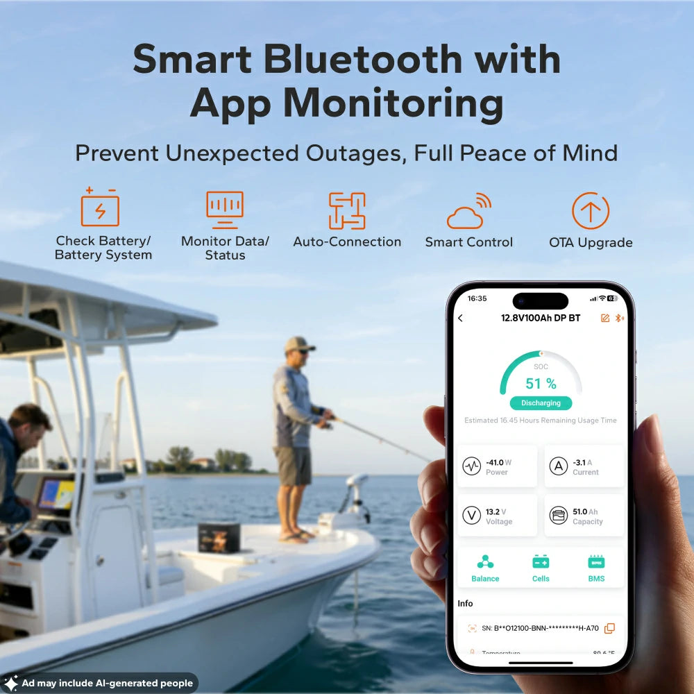 LiTime 12V 100Ah dual purpose lithium marine battery with Bluetooth app monitoring