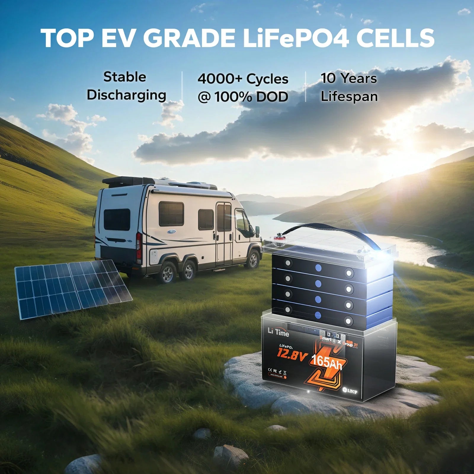 LiTime 12V 165Ah Bluetooth Lithium Deep Cycle Battery for RV camping