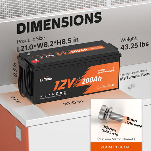 LiTime 12V 200Ah Self-Heating LiFePO4 Lithium Battery dimensions