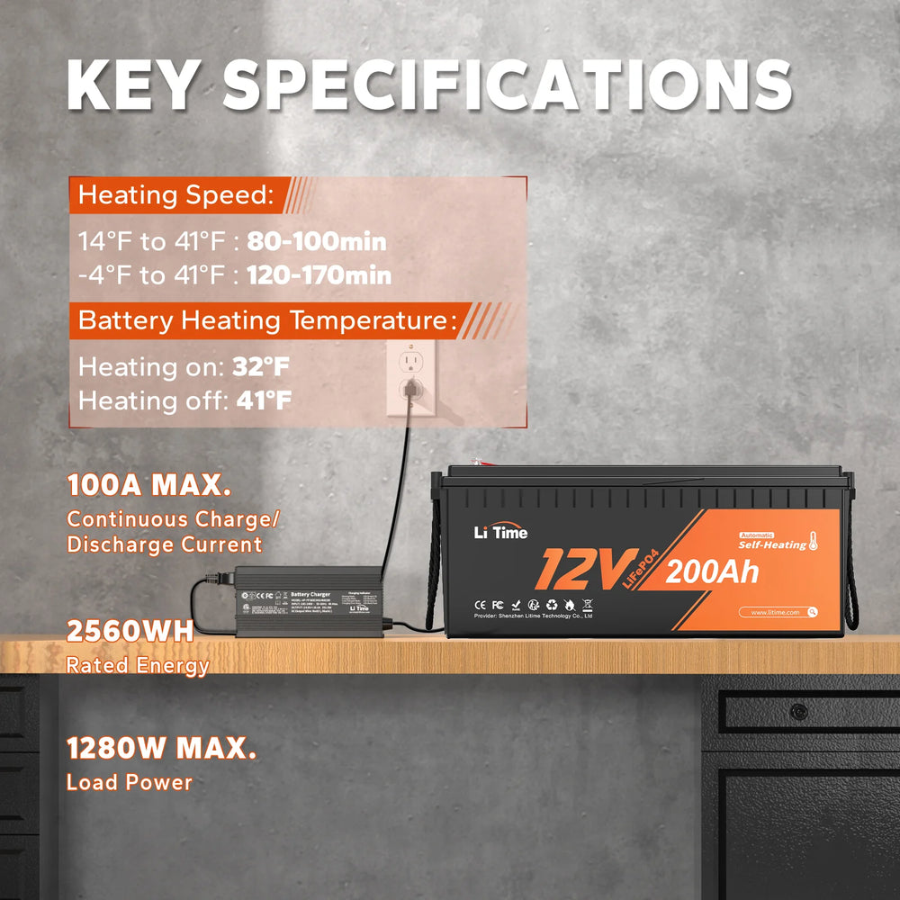 LiTime 12V 200Ah Self-Heating battery heating temperature