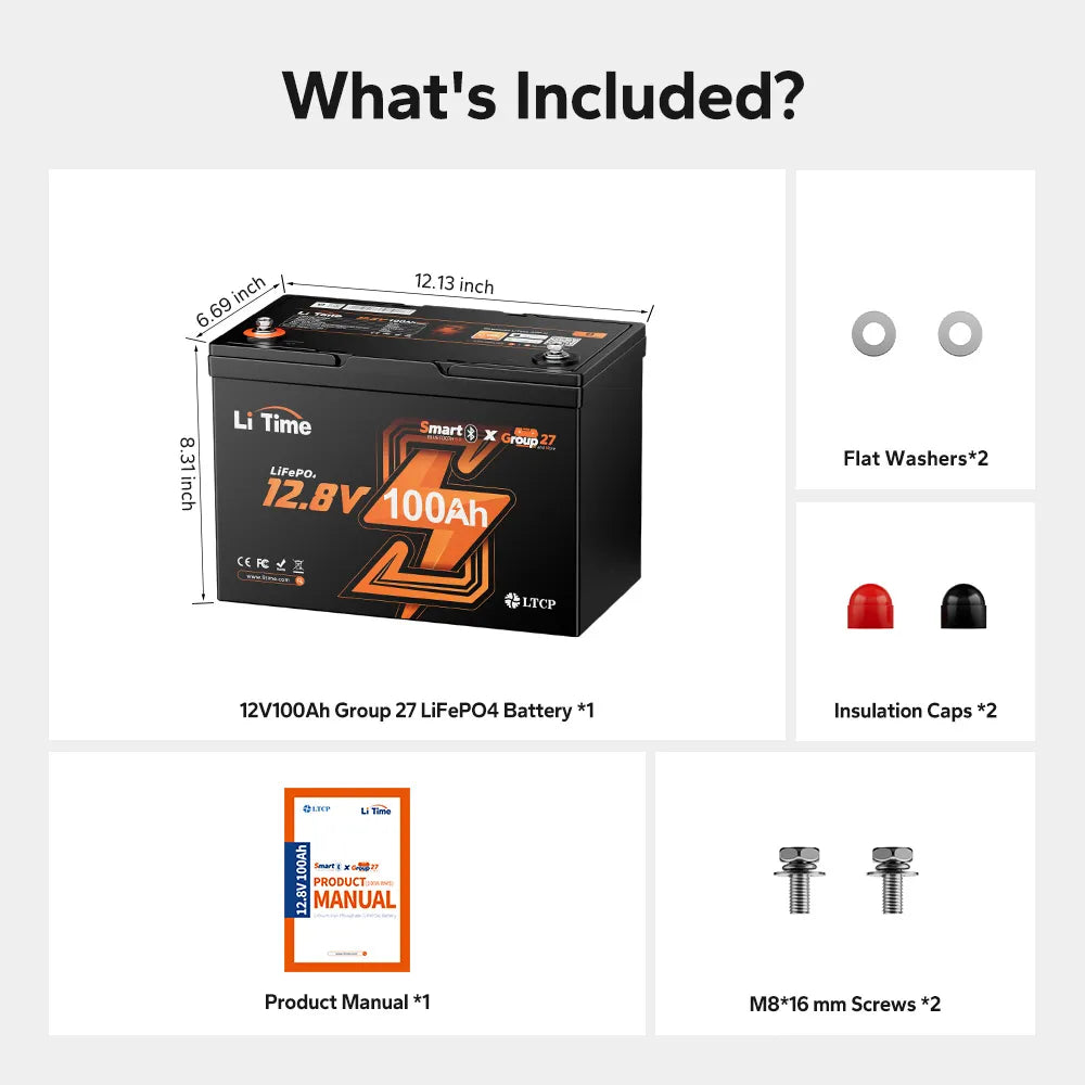 LiTime 12V 100Ah Group 27 Bluetooth Lithium Deep Cycle Battery