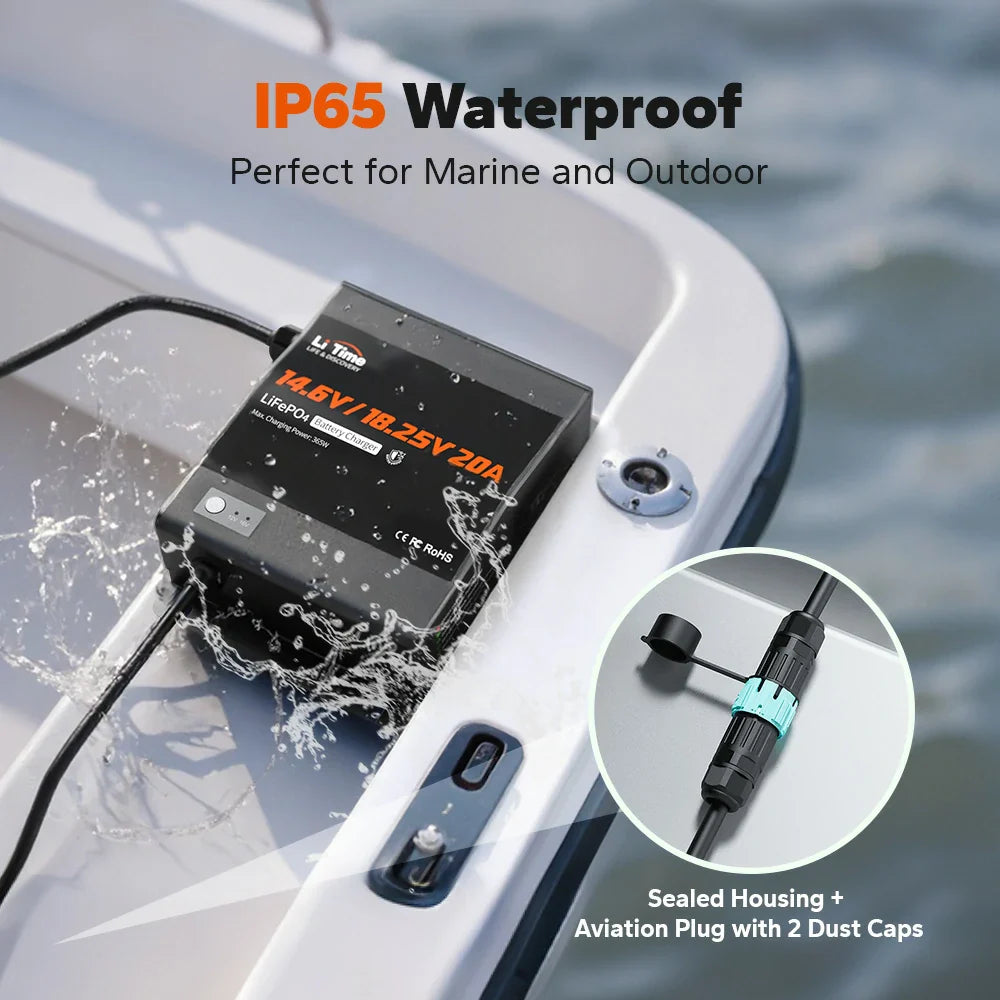 LiTime 12V(14.6V) & 16V(18.25V) 20A Waterproof Lithium Battery Charger