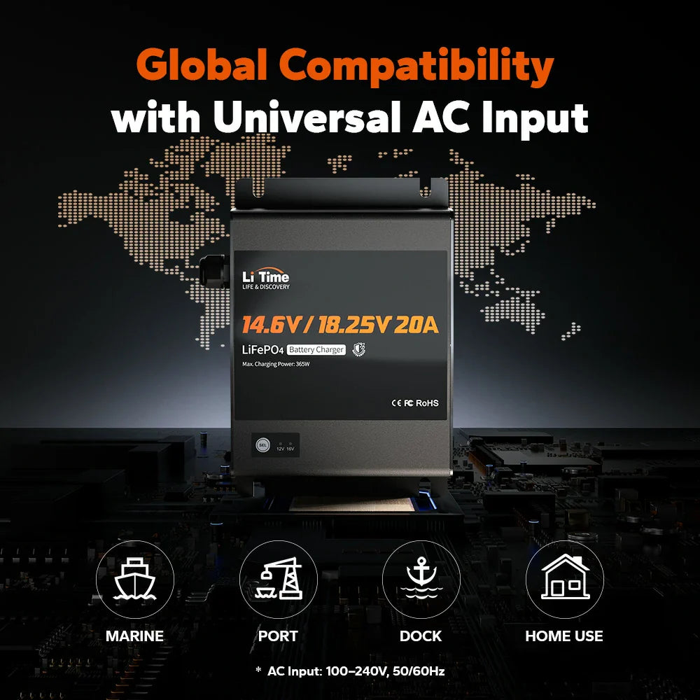 LiTime 12V(14.6V) & 16V(18.25V) 20A Waterproof Lithium Battery Charger