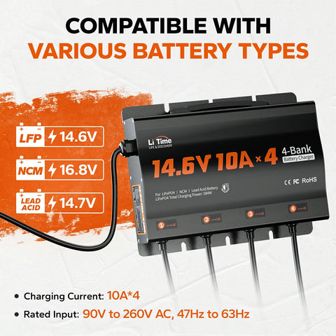 LiTime 4 Bank 12V 10A Battery Charger for Marine, RV