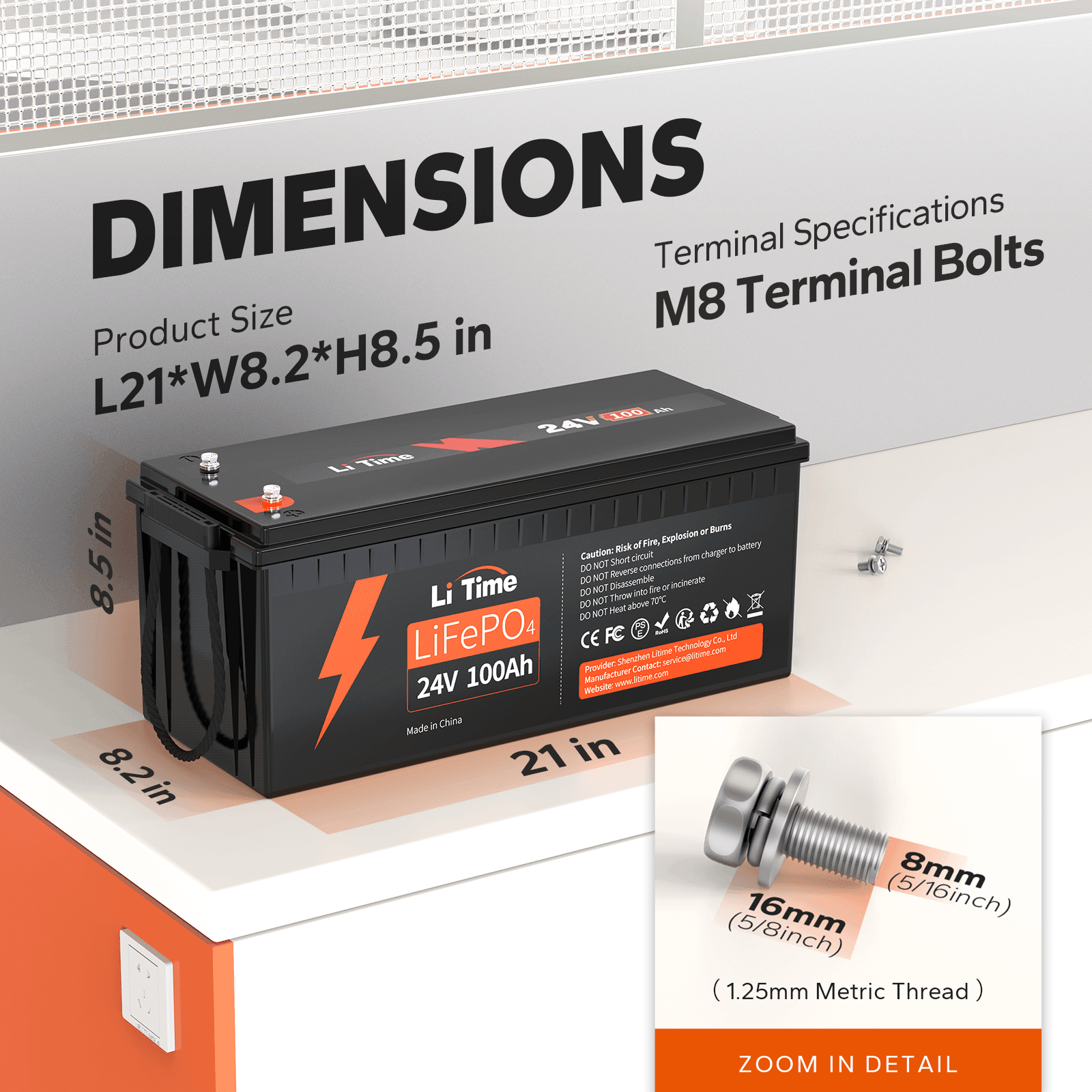 LiTime 24V 100Ah LiFePO4 Lithium Battery dimensions
