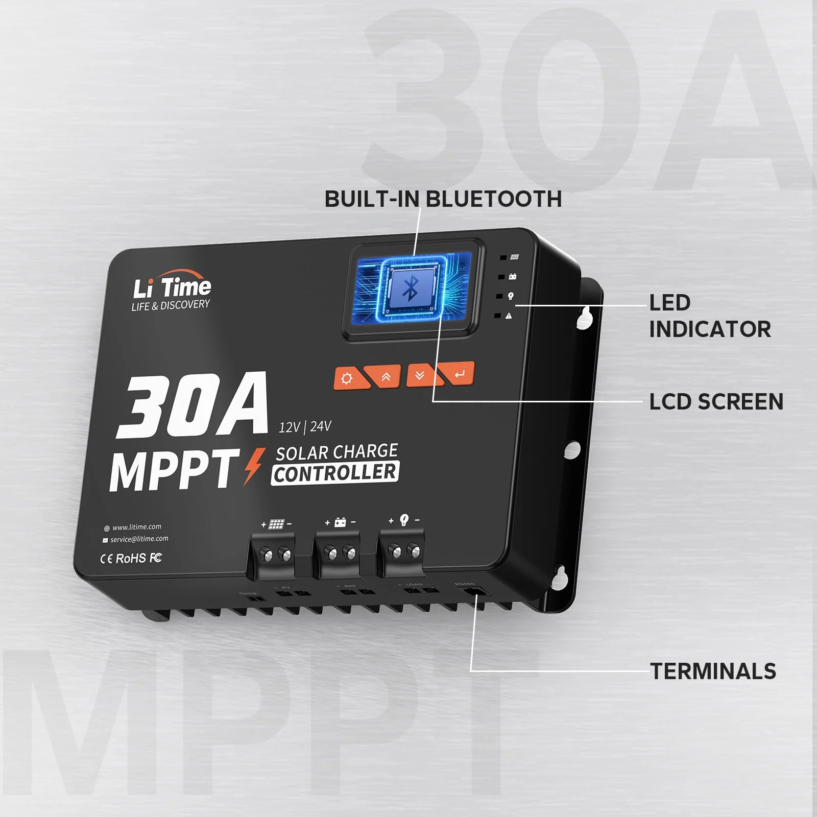 LiTime 30A MPPT 12V/24V Solar Charge Controller Bluetooth Integrated