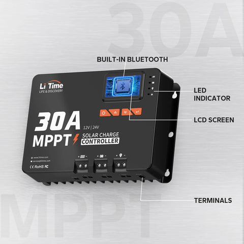 LiTime 30A MPPT 12V/24V Solar Charge Controller Bluetooth Integrated