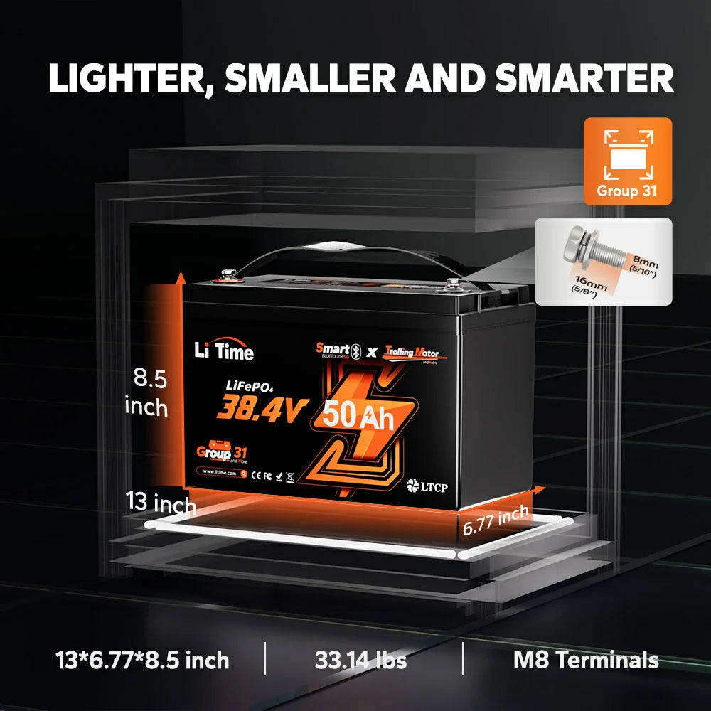 LiTime 36V 50Ah Marine Trolling Motor Lithium Bluetooth Battery