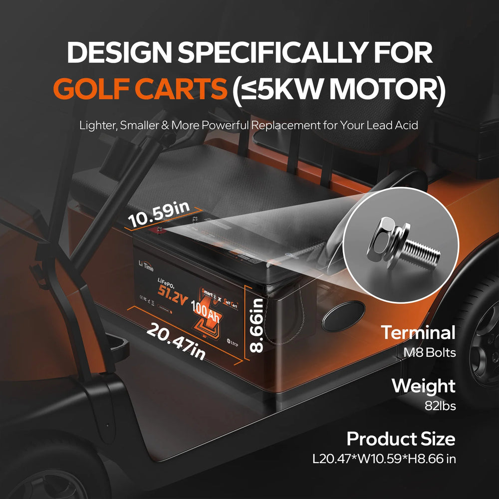 LiTime 48V 100Ah battery designed for golf carts, showing its dimensions and weight (82lbs).