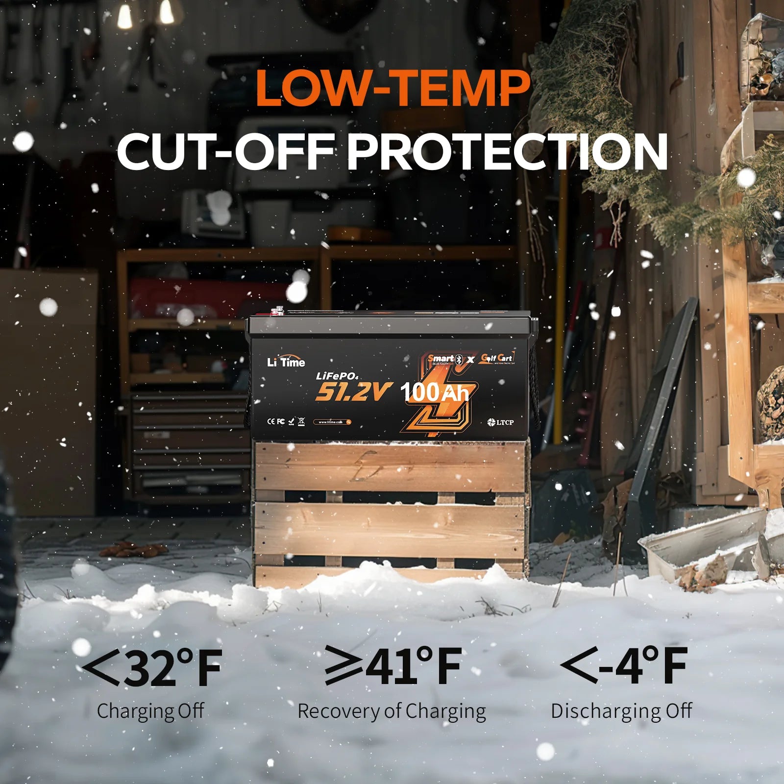 The LiTime 48V 100ah battery's low-temp protection stops charging below 32°F to prevent damage.