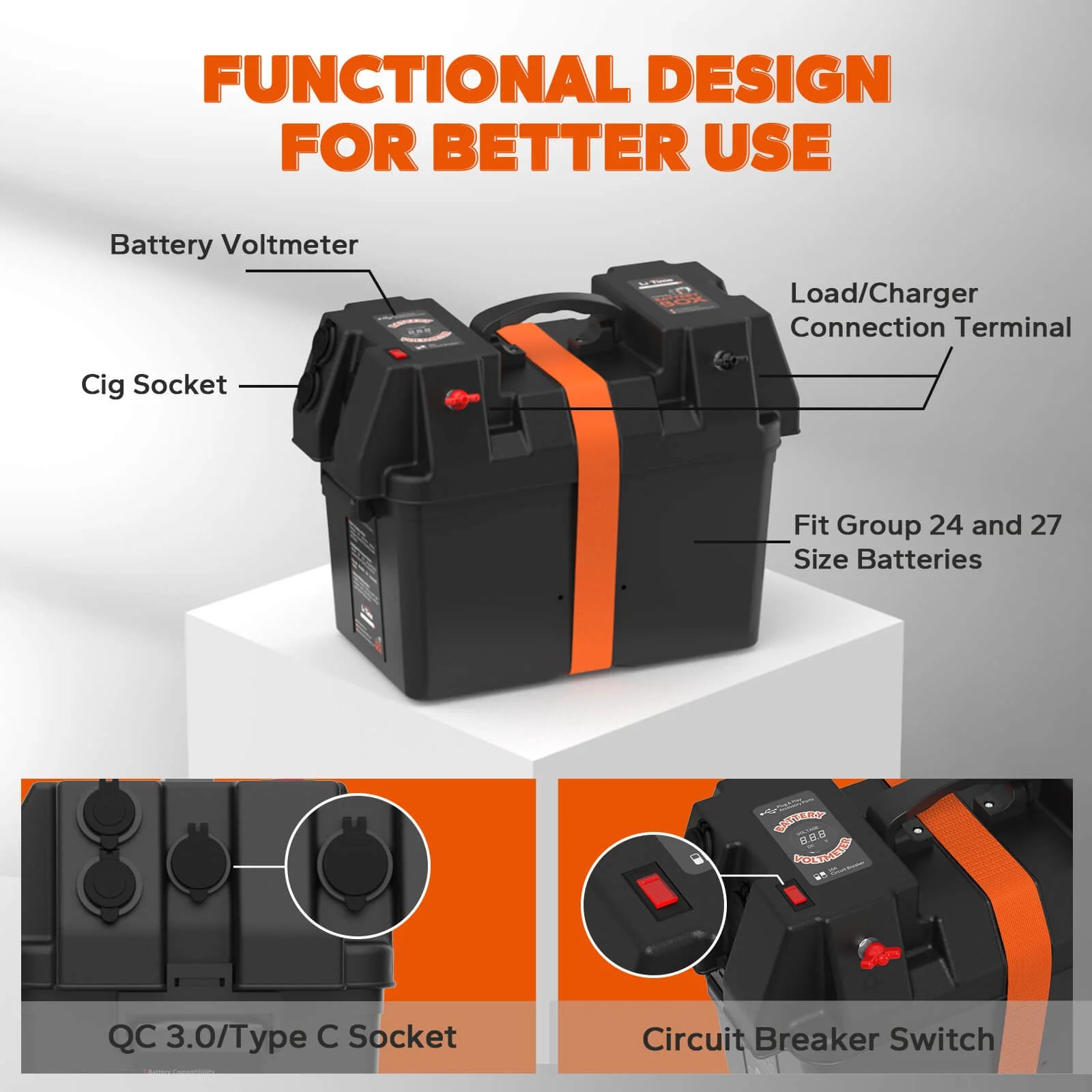 LiTime Group 24/27 / 31 Marine Battery Box, Built-in Voltmeter