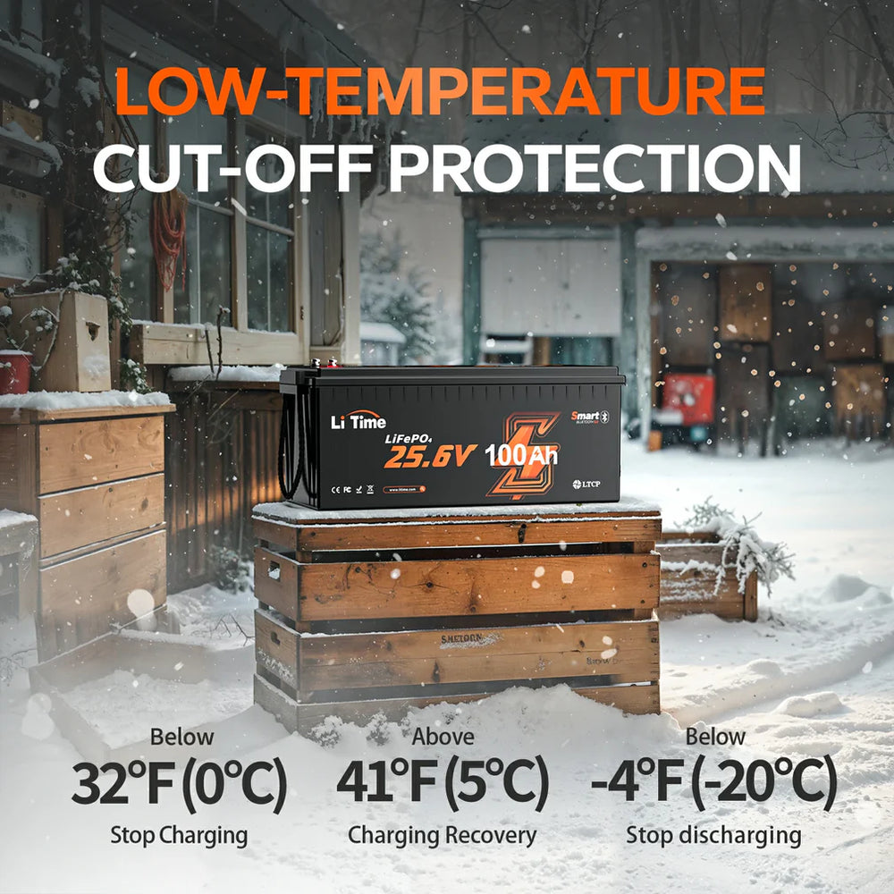 litime 24V 100Ah LiFePO4 Bluetooth battery with low-temperature cut-off protection features