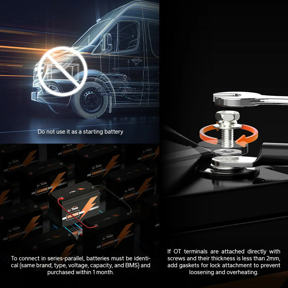 Important battery warnings: Do not use as a starting battery; use identical batteries for banks.