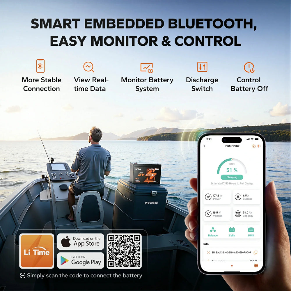 LiTime 16V 100Ah Fish Finder Lithium Battery with Bluetooth, Self-heating