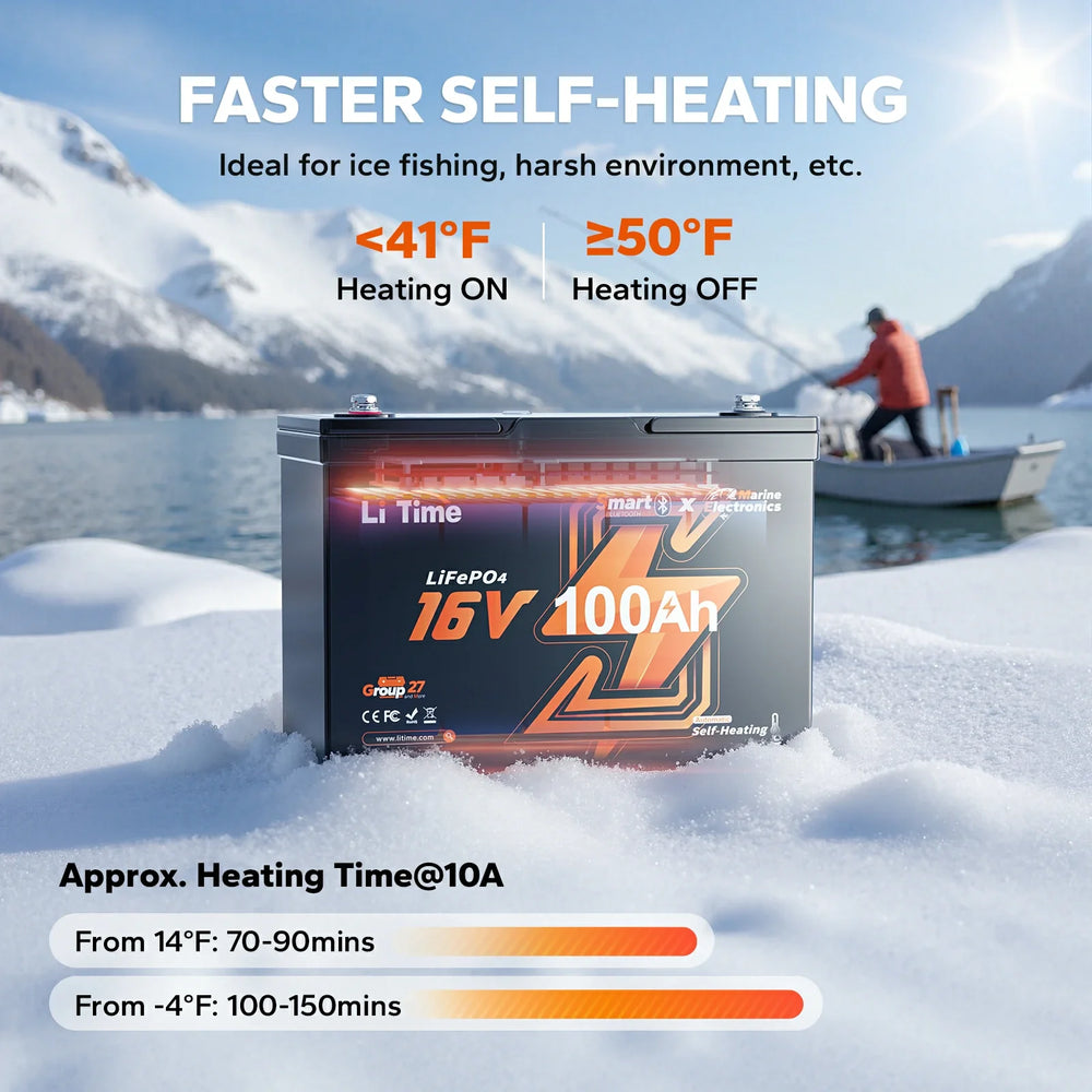 LiTime 16V 100Ah Fish Finder Lithium Battery with Bluetooth, Self-heating
