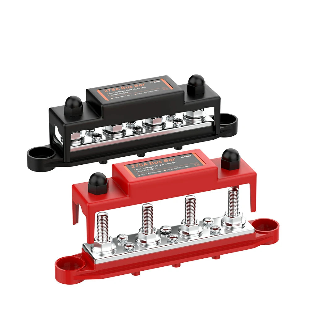 Overview of LiTime 275A battery Bus Bar Set with M8 Studs and M4 Terminal Screws Exposed