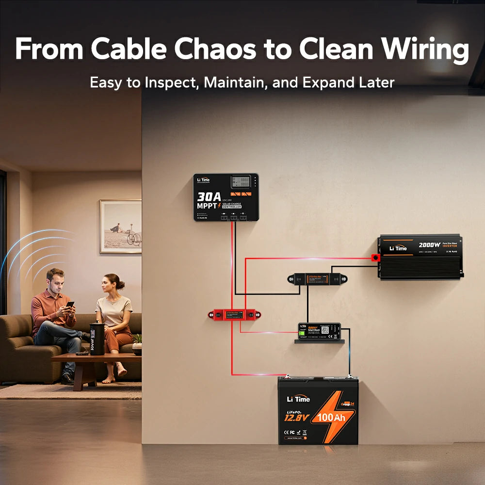 Organized Battery Wiring Diagram with LiTime 275A Bus Bars and Inverter