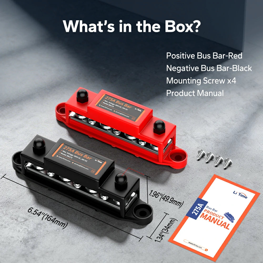 LiTime 275A Bus Bar Kit Package Contents Mounting Screws and Dimensions