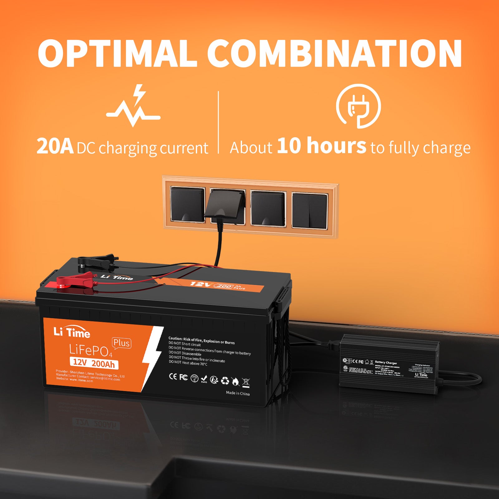 Li Time 12V 200Ah Plus LiFePO4 Battery + 14.6V 20A Dedicated Lithium Battery Charger