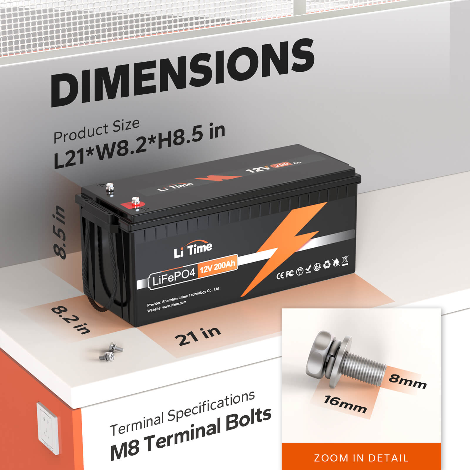 litime12v 200ah lithium battery size
