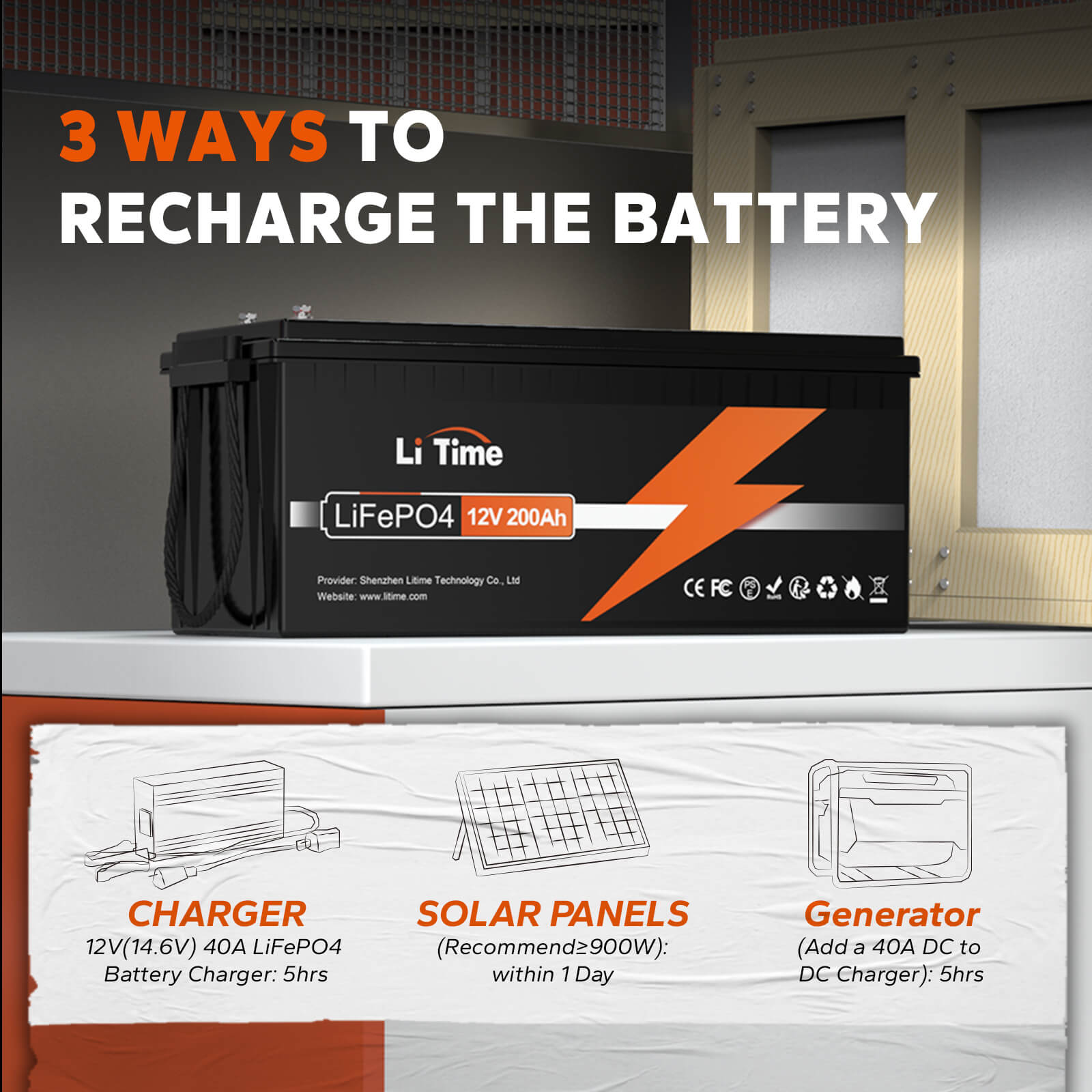 LiTime 12V 200Ah LiFePO4 Lithium Battery, Build-in 100A BMS