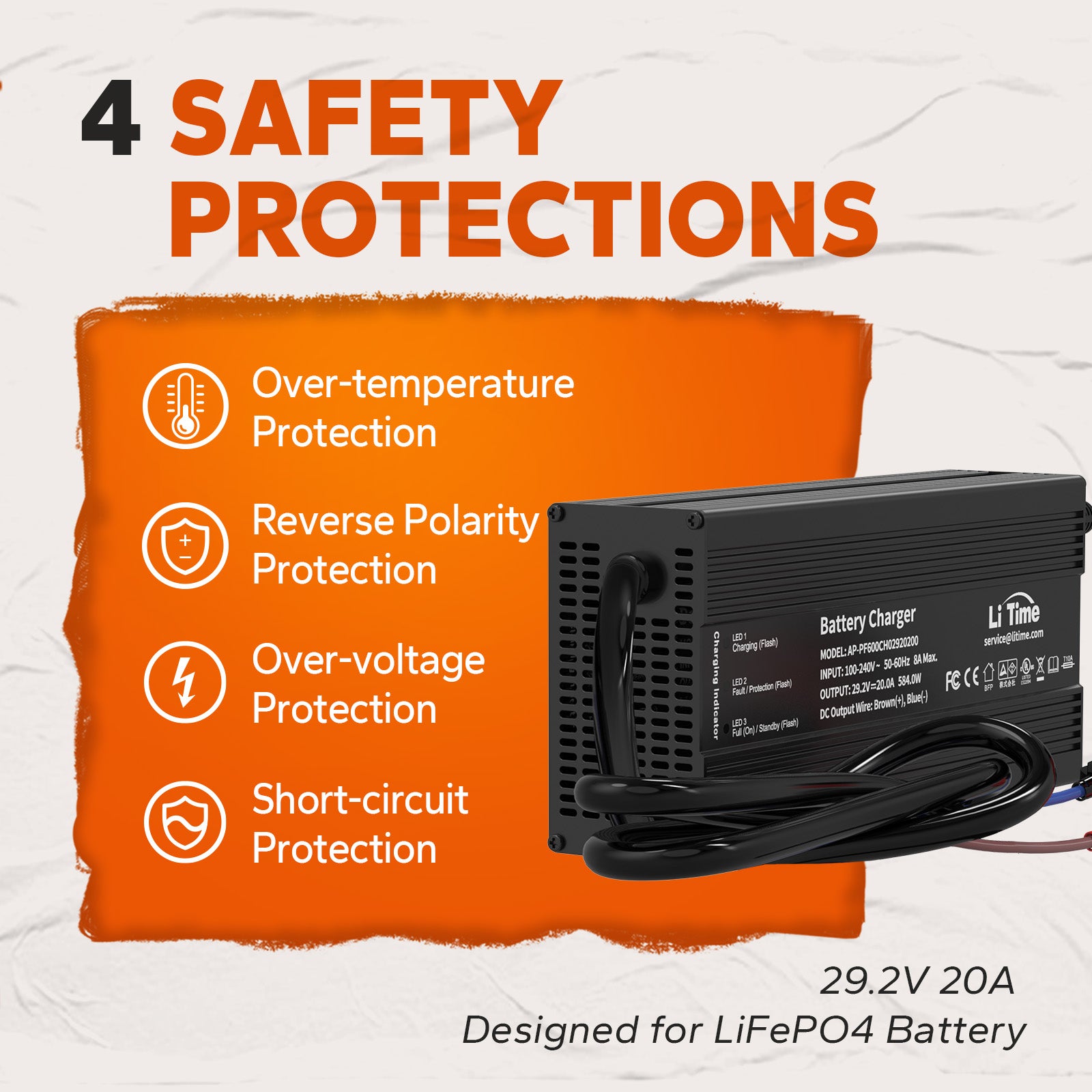 LiTime 29.2V 20A Lithium Battery Charger for 24V LiFePO4 Lithium Battery
